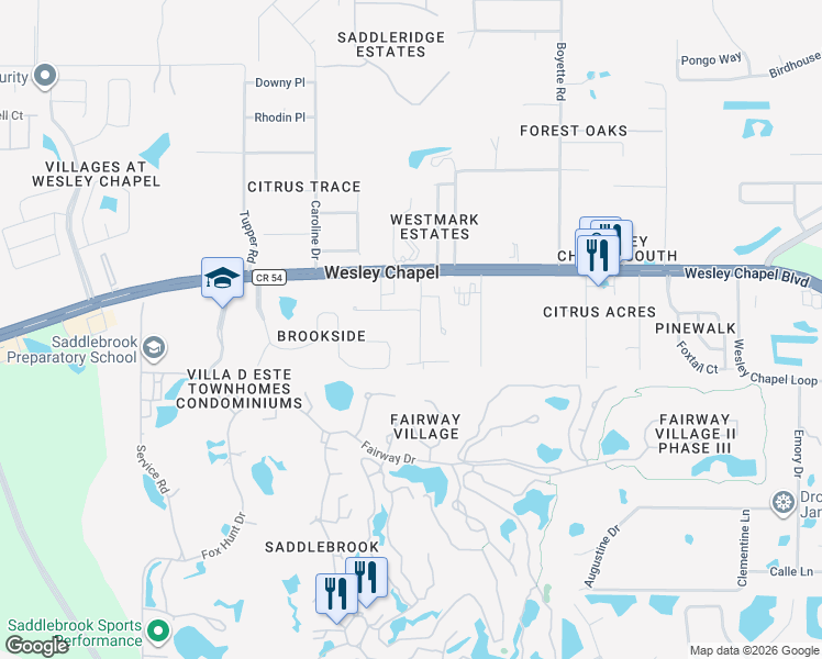 map of restaurants, bars, coffee shops, grocery stores, and more near 5619 Bruce Lane in Zephyrhills