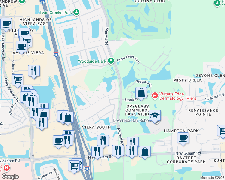 map of restaurants, bars, coffee shops, grocery stores, and more near 6976 Hammock Lakes Drive in Melbourne