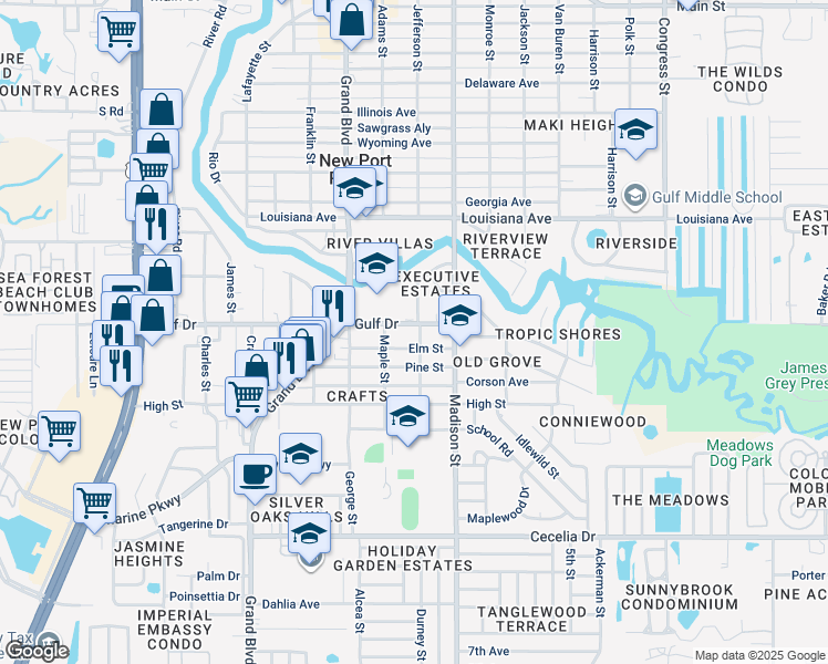 map of restaurants, bars, coffee shops, grocery stores, and more near 5511 Executive Drive in New Port Richey