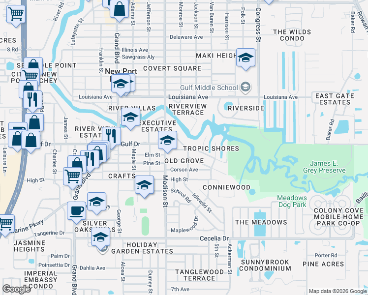 map of restaurants, bars, coffee shops, grocery stores, and more near 6064 Oleander Avenue in New Port Richey