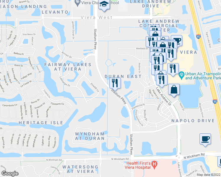 map of restaurants, bars, coffee shops, grocery stores, and more near Stadium Parkway in Melbourne