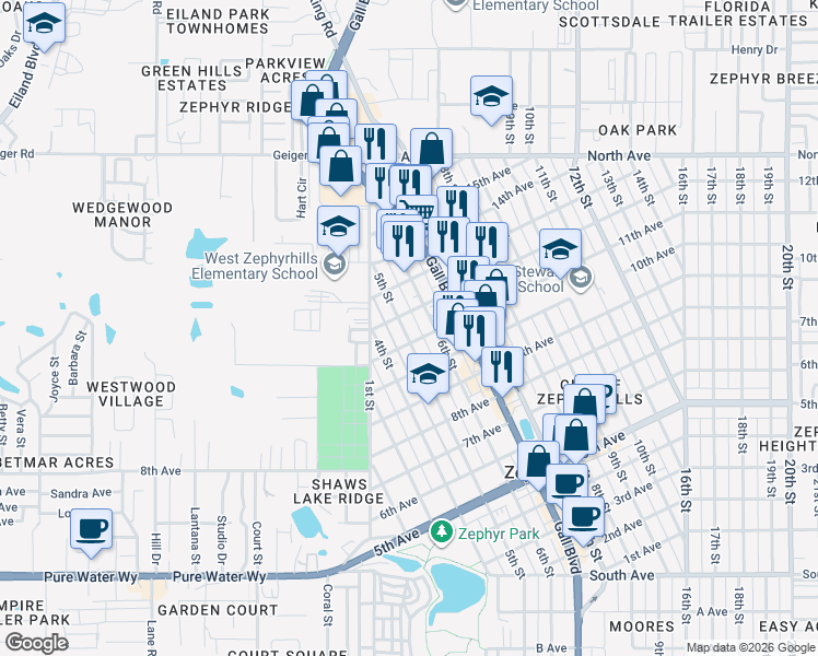 map of restaurants, bars, coffee shops, grocery stores, and more near 5546 5th Street in Zephyrhills