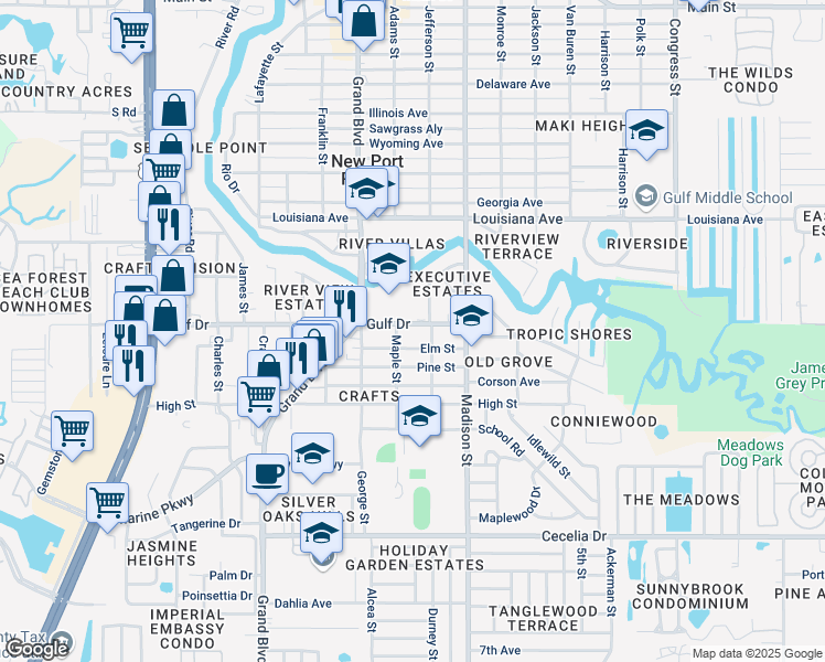 map of restaurants, bars, coffee shops, grocery stores, and more near 5511 Executive Drive in New Port Richey