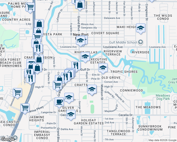 map of restaurants, bars, coffee shops, grocery stores, and more near 5511 Executive Drive in New Port Richey