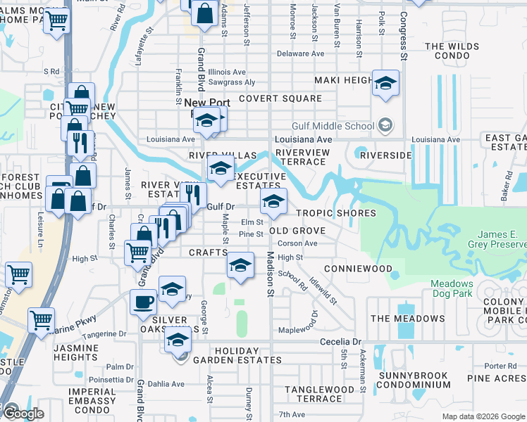 map of restaurants, bars, coffee shops, grocery stores, and more near 5940 Gulf Drive in New Port Richey