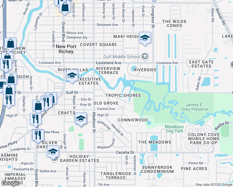 map of restaurants, bars, coffee shops, grocery stores, and more near 6127 Warren Avenue in New Port Richey