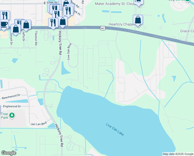 map of restaurants, bars, coffee shops, grocery stores, and more near 2204 Branched Oak Road in St. Cloud