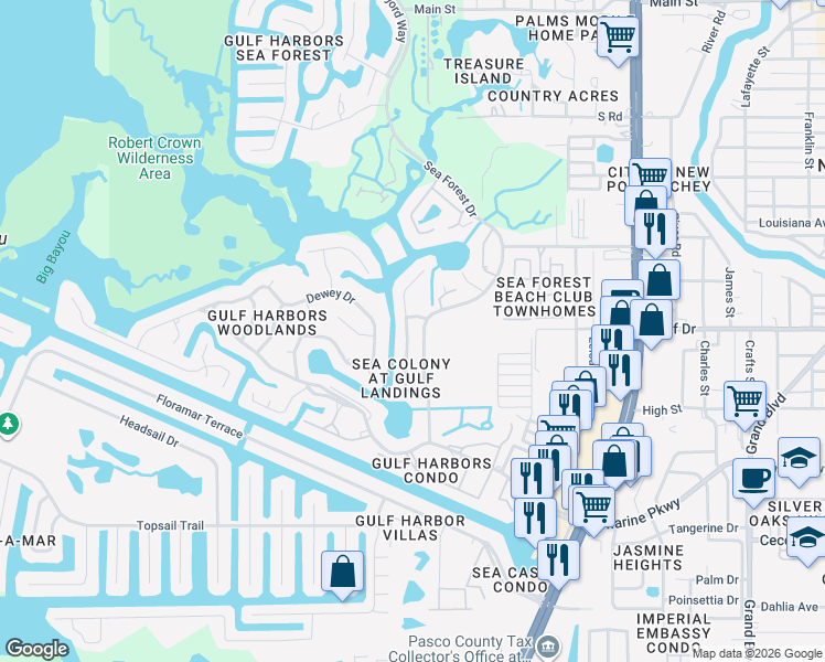 map of restaurants, bars, coffee shops, grocery stores, and more near 5507 Jobeth Drive in New Port Richey