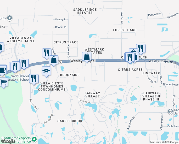 map of restaurants, bars, coffee shops, grocery stores, and more near 5619 Bruce Lane in Zephyrhills