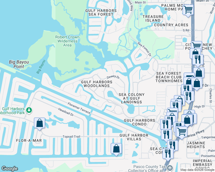 map of restaurants, bars, coffee shops, grocery stores, and more near 4509 Mitcher Road in New Port Richey
