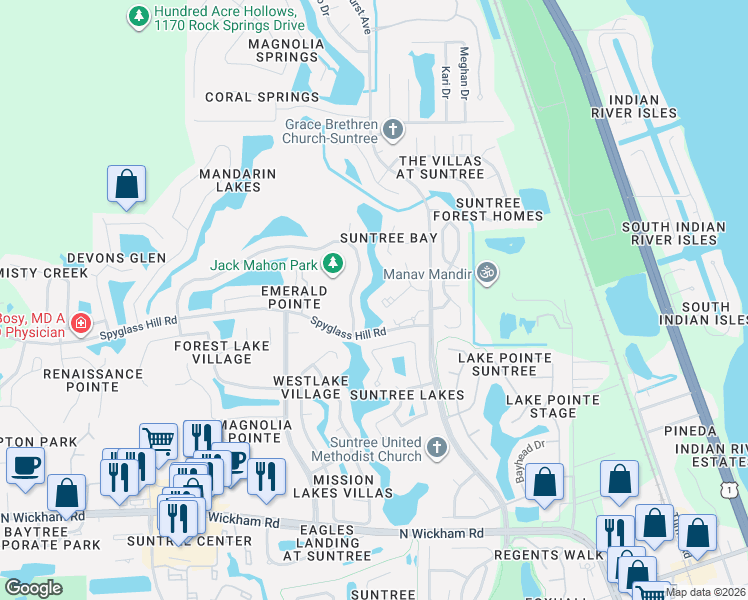 map of restaurants, bars, coffee shops, grocery stores, and more near 754 Players Court in Melbourne