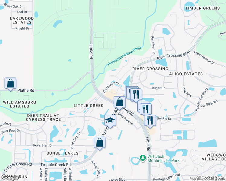 map of restaurants, bars, coffee shops, grocery stores, and more near 8763 River Crossing Boulevard in New Port Richey