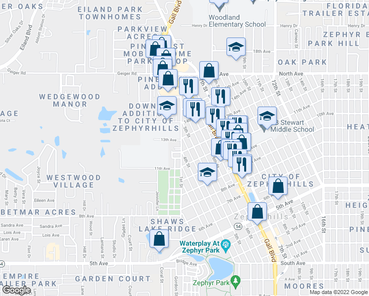 map of restaurants, bars, coffee shops, grocery stores, and more near 5610 1st Street in Zephyrhills
