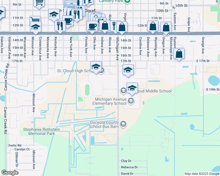 map of restaurants, bars, coffee shops, grocery stores, and more near 738 Michigan Court in St. Cloud