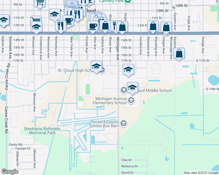 map of restaurants, bars, coffee shops, grocery stores, and more near 738 Michigan Court in St. Cloud