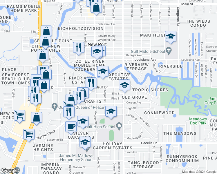 map of restaurants, bars, coffee shops, grocery stores, and more near 5511 Executive Drive in New Port Richey
