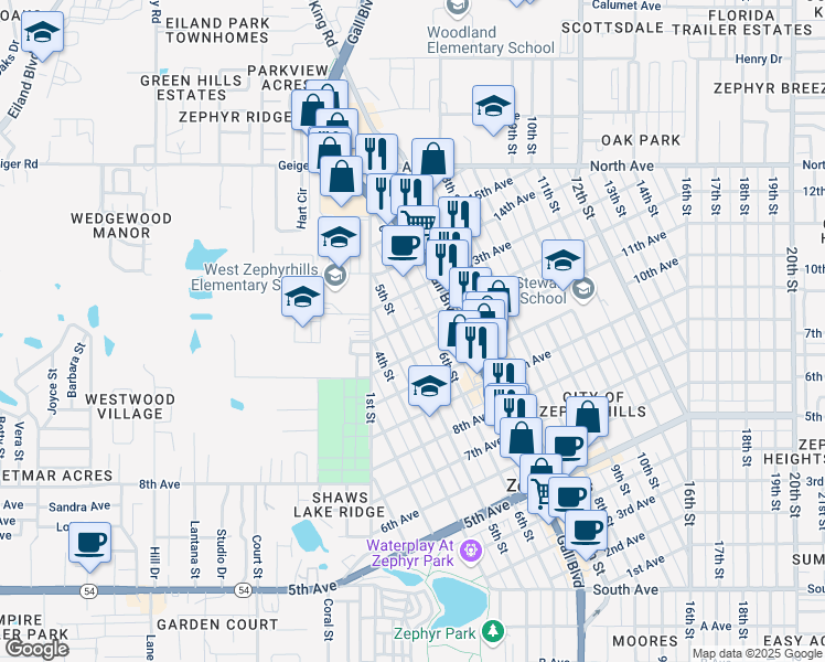 map of restaurants, bars, coffee shops, grocery stores, and more near 38048 12th Ave in Zephyrhills