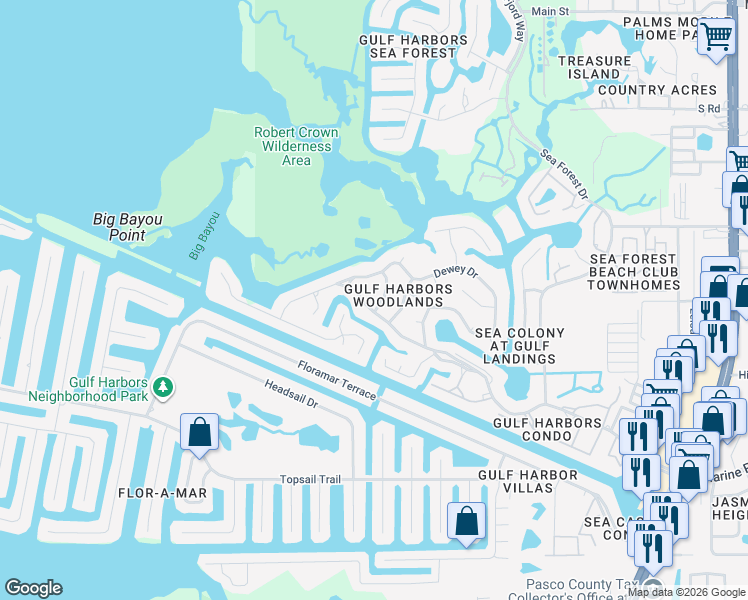 map of restaurants, bars, coffee shops, grocery stores, and more near 4311 Marine Parkway in New Port Richey