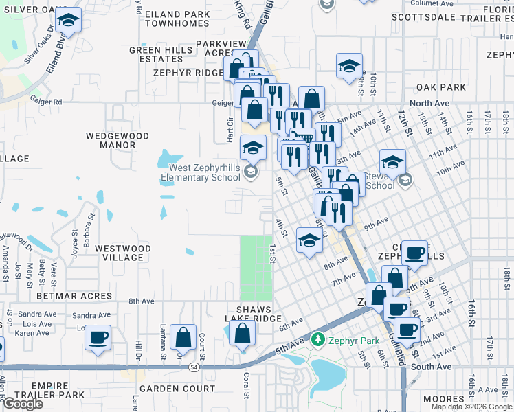 map of restaurants, bars, coffee shops, grocery stores, and more near 5611 1st Street in Zephyrhills