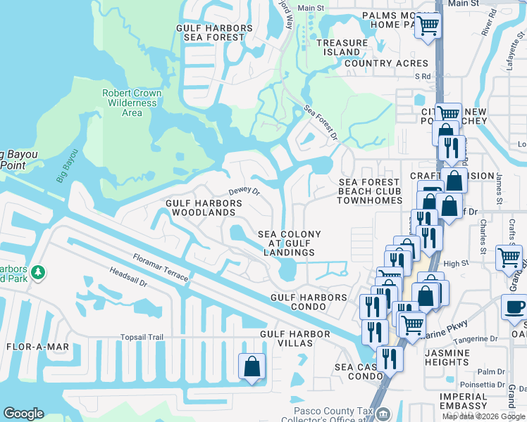 map of restaurants, bars, coffee shops, grocery stores, and more near 4567 Ingersol Place in Port Richey