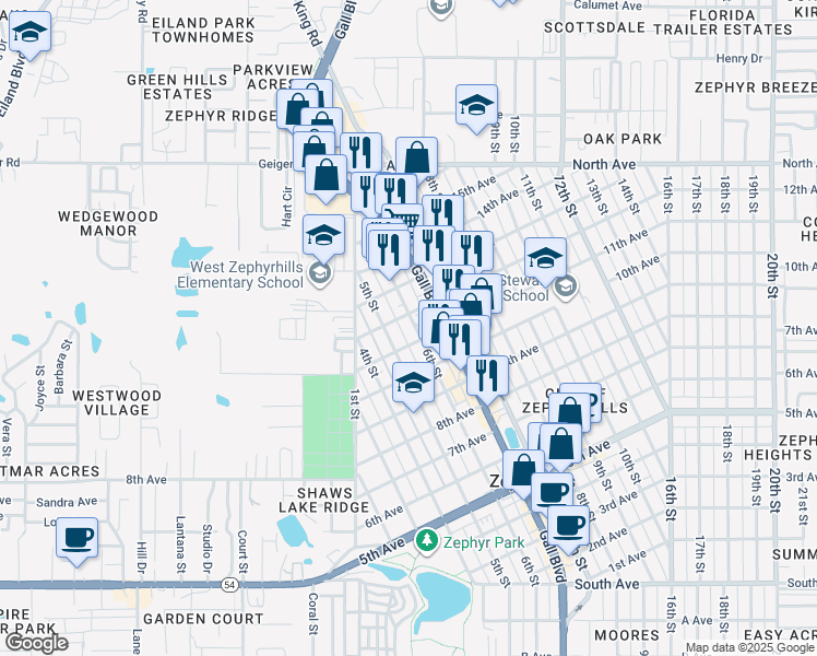 map of restaurants, bars, coffee shops, grocery stores, and more near 38048 12th Avenue in Zephyrhills