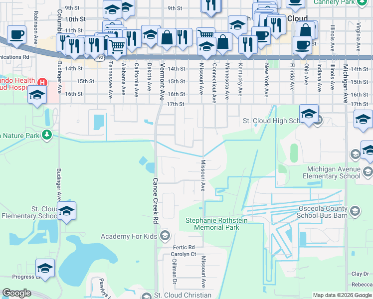 map of restaurants, bars, coffee shops, grocery stores, and more near 1940 Villa Angelo Boulevard in Saint Cloud