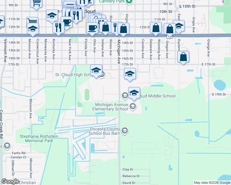 map of restaurants, bars, coffee shops, grocery stores, and more near 738 Michigan Court in St. Cloud
