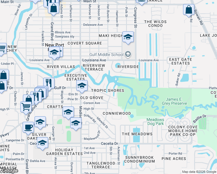 map of restaurants, bars, coffee shops, grocery stores, and more near 5503 Drinkard Drive in New Port Richey