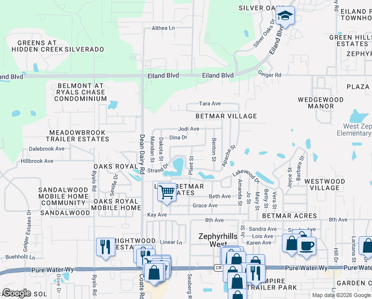 map of restaurants, bars, coffee shops, grocery stores, and more near 5634 Arrowhead Drive in Zephyrhills
