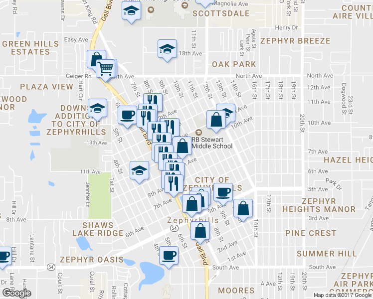 map of restaurants, bars, coffee shops, grocery stores, and more near 38352 10th Avenue in Zephyrhills