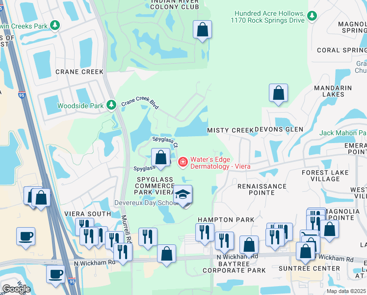 map of restaurants, bars, coffee shops, grocery stores, and more near 8050 Spyglass Hill Road in Melbourne