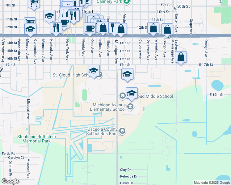 map of restaurants, bars, coffee shops, grocery stores, and more near 738 Michigan Court in St. Cloud
