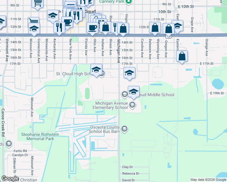 map of restaurants, bars, coffee shops, grocery stores, and more near 738 Michigan Court in St. Cloud