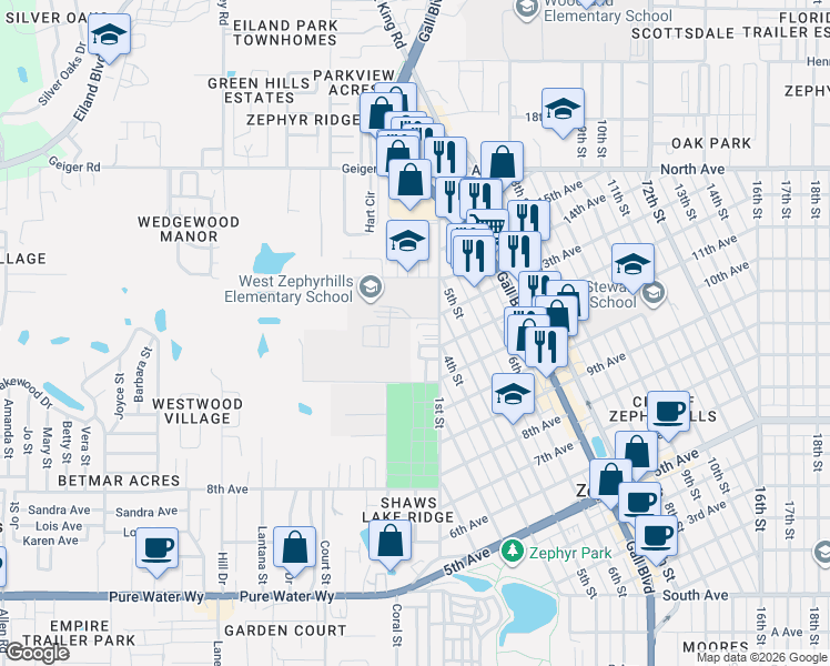 map of restaurants, bars, coffee shops, grocery stores, and more near 5611 1st Street in Zephyrhills