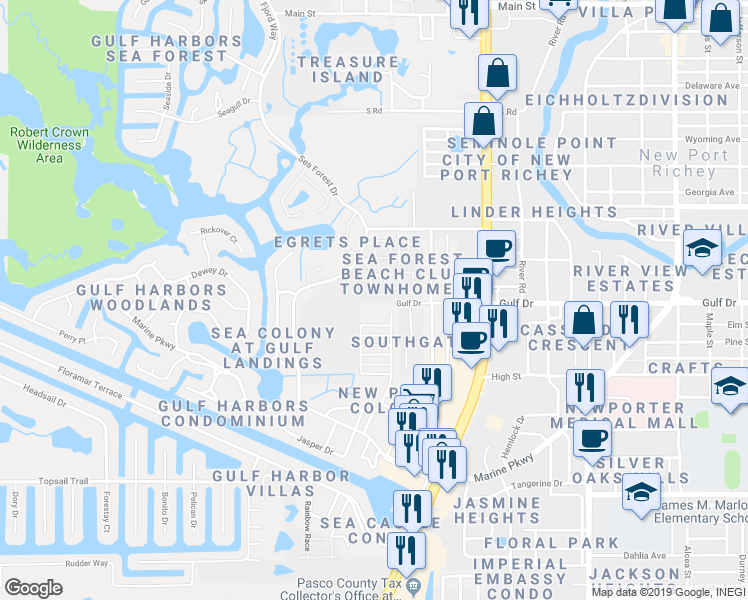 map of restaurants, bars, coffee shops, grocery stores, and more near 4930 Hammerhead Drive in New Port Richey