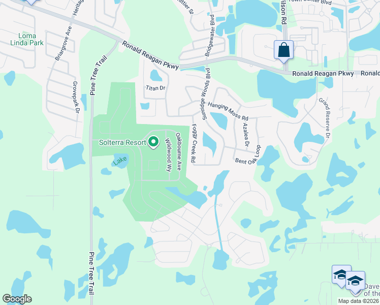 map of restaurants, bars, coffee shops, grocery stores, and more near 303 Foggy Creek Road in Davenport