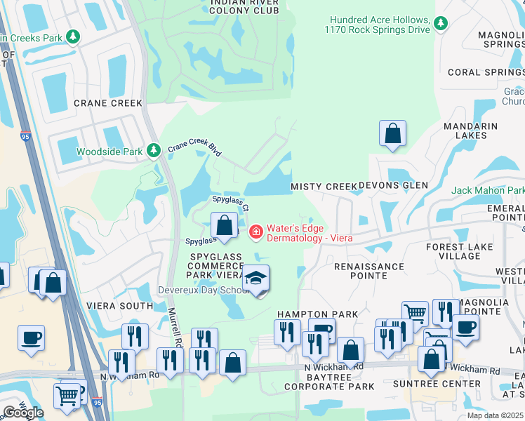 map of restaurants, bars, coffee shops, grocery stores, and more near 8050 Spyglass Hill Road in Melbourne