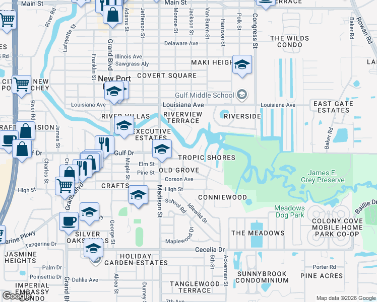 map of restaurants, bars, coffee shops, grocery stores, and more near 6127 Warren Avenue in New Port Richey