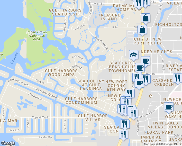 map of restaurants, bars, coffee shops, grocery stores, and more near 5507 Jobeth Dr in New Port Richey
