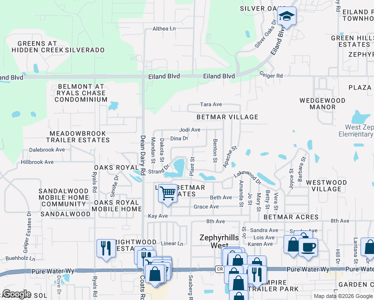 map of restaurants, bars, coffee shops, grocery stores, and more near 5638 Arrowhead Drive in Zephyrhills