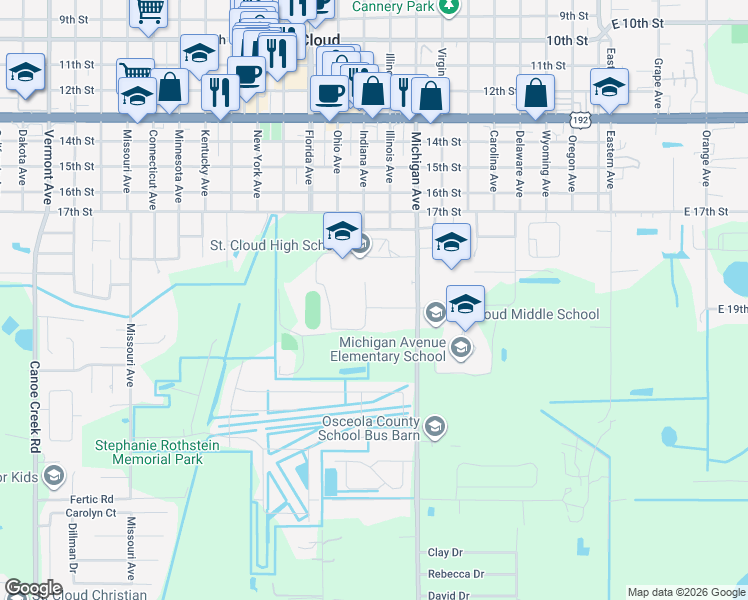 map of restaurants, bars, coffee shops, grocery stores, and more near 726 Michigan Court in St. Cloud