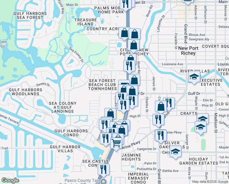 map of restaurants, bars, coffee shops, grocery stores, and more near 5121 Gulf Drive in New Port Richey
