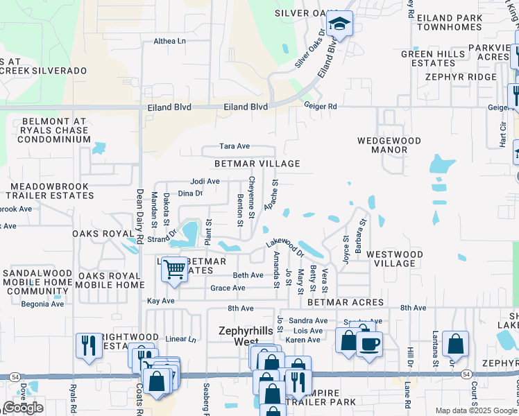 map of restaurants, bars, coffee shops, grocery stores, and more near 5613 Pawnee Street in Zephyrhills