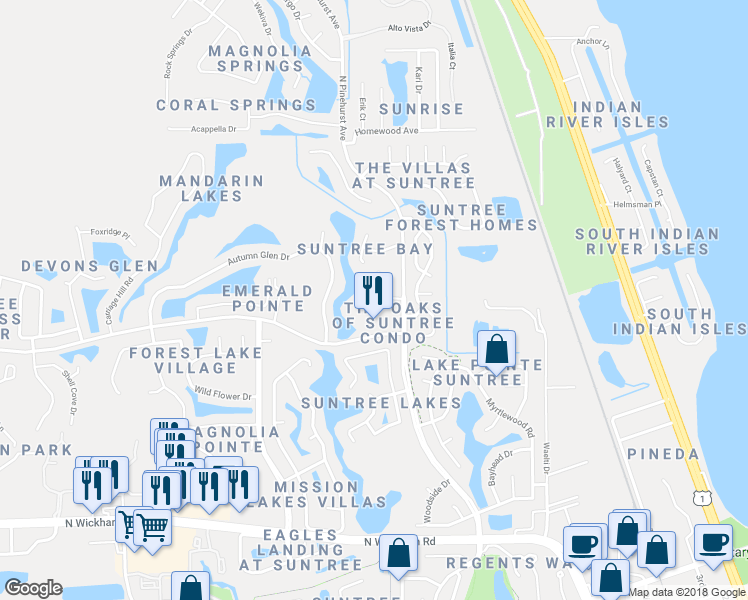 map of restaurants, bars, coffee shops, grocery stores, and more near 714 Players Court in Melbourne