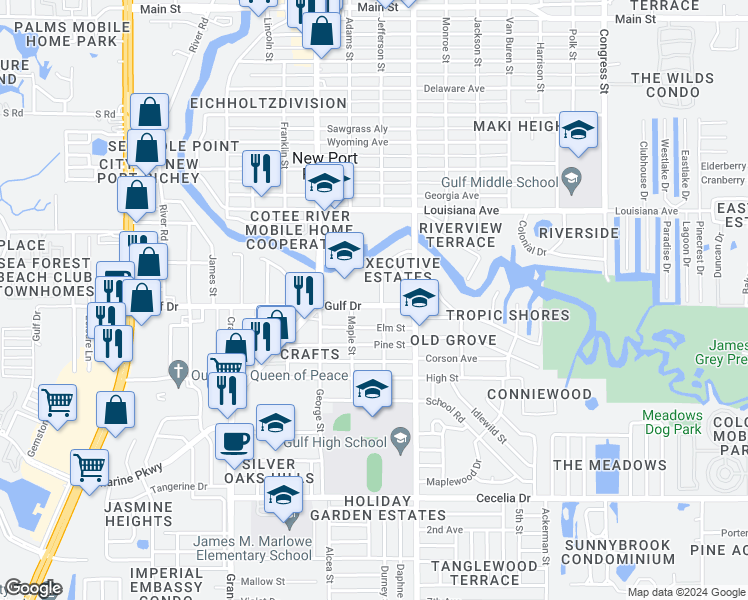 map of restaurants, bars, coffee shops, grocery stores, and more near 5511 Executive Drive in New Port Richey