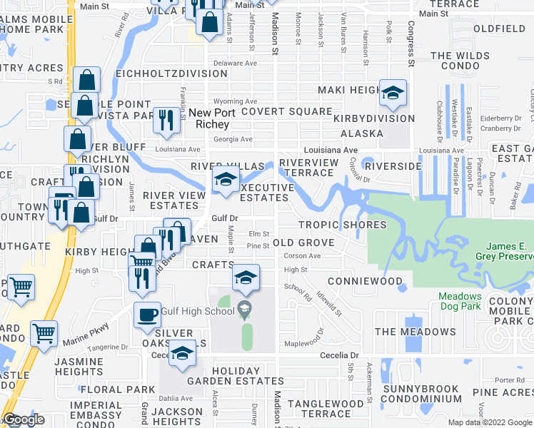map of restaurants, bars, coffee shops, grocery stores, and more near 5939 Gulf Drive in Port Richey