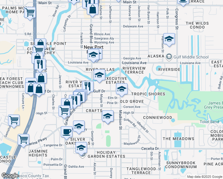 map of restaurants, bars, coffee shops, grocery stores, and more near 5911 Gulf Drive in New Port Richey