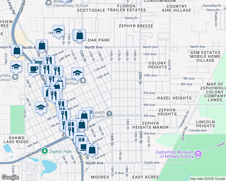 map of restaurants, bars, coffee shops, grocery stores, and more near 5612 16th St in Zephyrhills