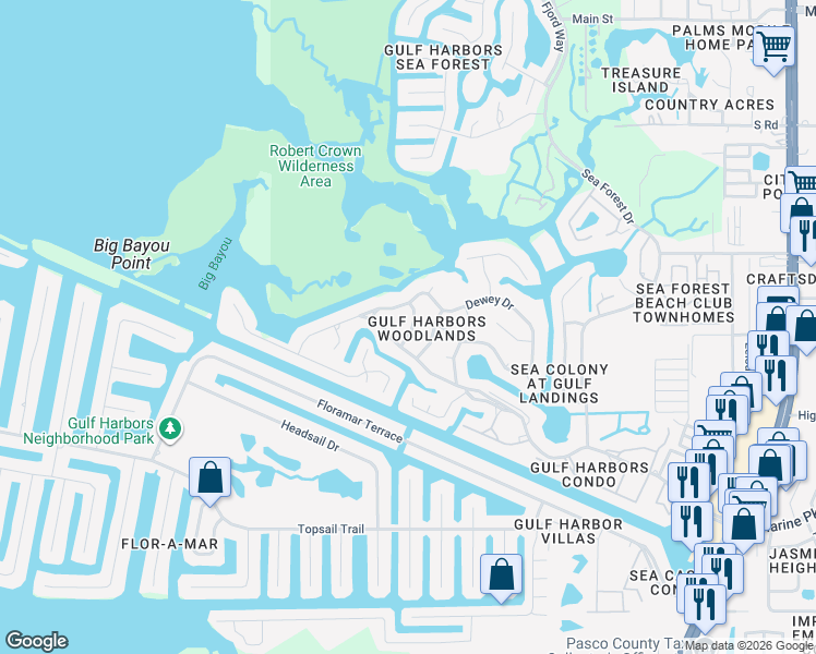 map of restaurants, bars, coffee shops, grocery stores, and more near 4311 Marine Parkway in New Port Richey