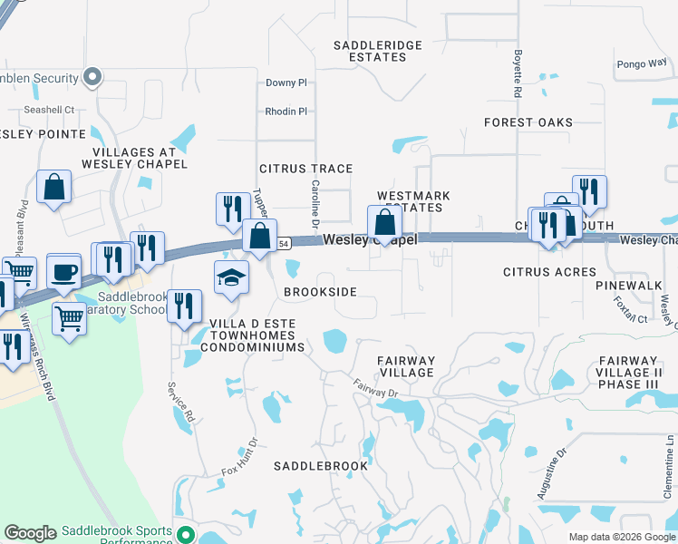 map of restaurants, bars, coffee shops, grocery stores, and more near 5705 Killian Path in Wesley Chapel